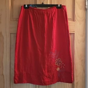 Vintage Ivy Linen Embroidered Skirt Flowers Leaves Red 8
